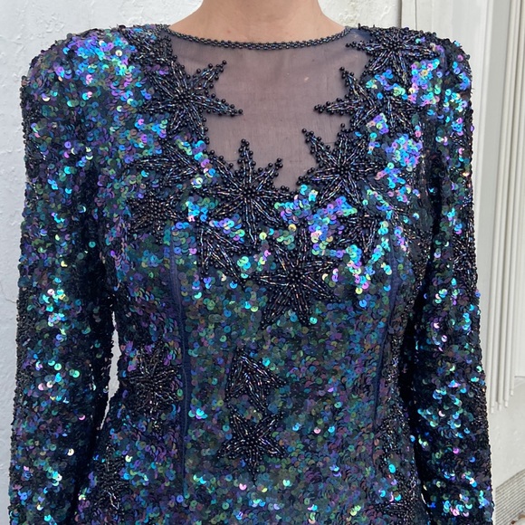 Vintage Iridescent Navy Sea Green Sequined Beaded Long Sleeve Slit Maxi Dress! - Picture 9 of 9